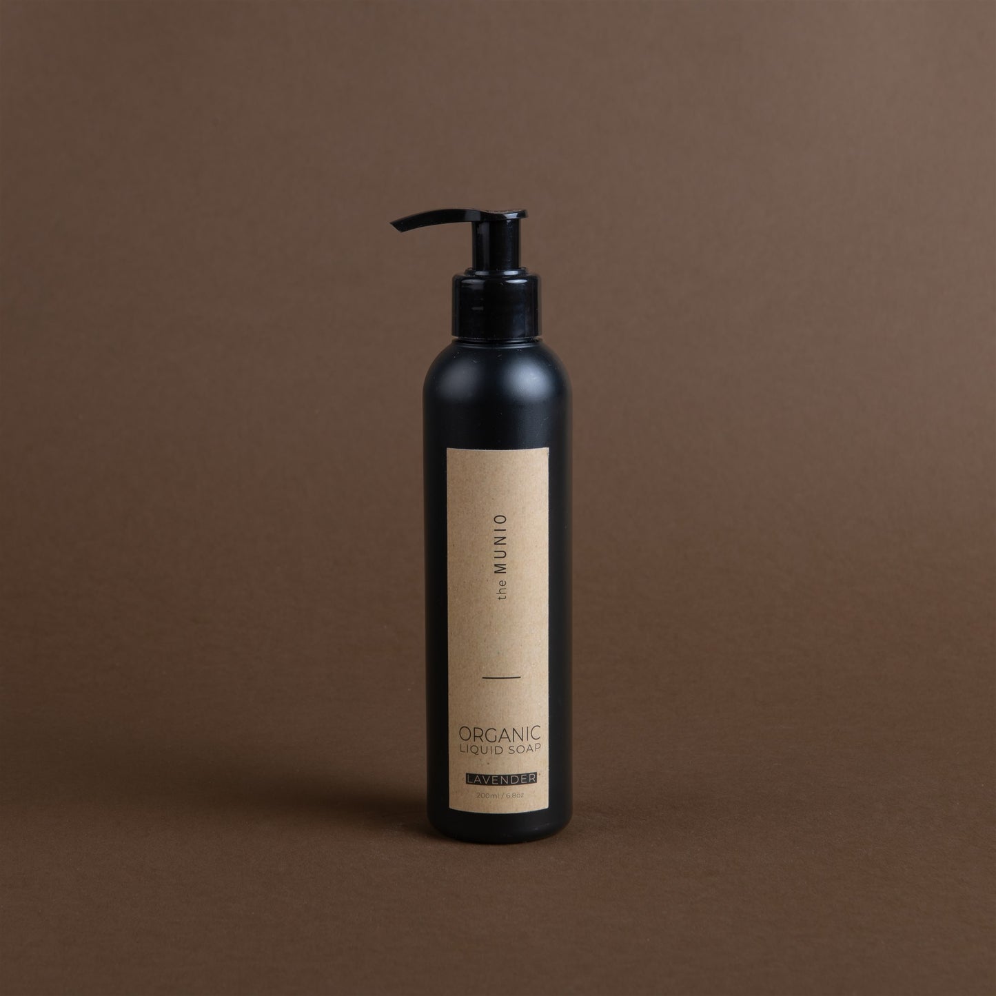 Lavender organic liquid soap in 200ml black bottle