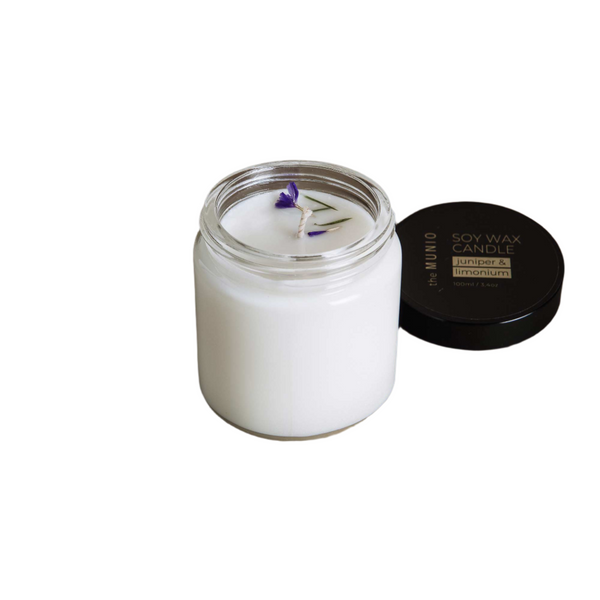 Juniper and limonium mini candle in glass votive