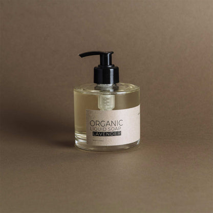Lavender organic liquid soap in glass bottle